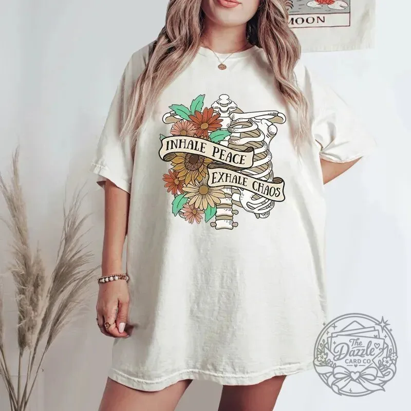 Inhale Peace Exhale Chaos Skeleton Rib Cage Floral Design T-Shirt
