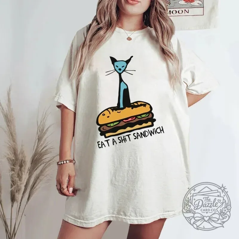 Funny Blue Cat Eat A Shit Sandwich Humorous Graphic T-Shirt