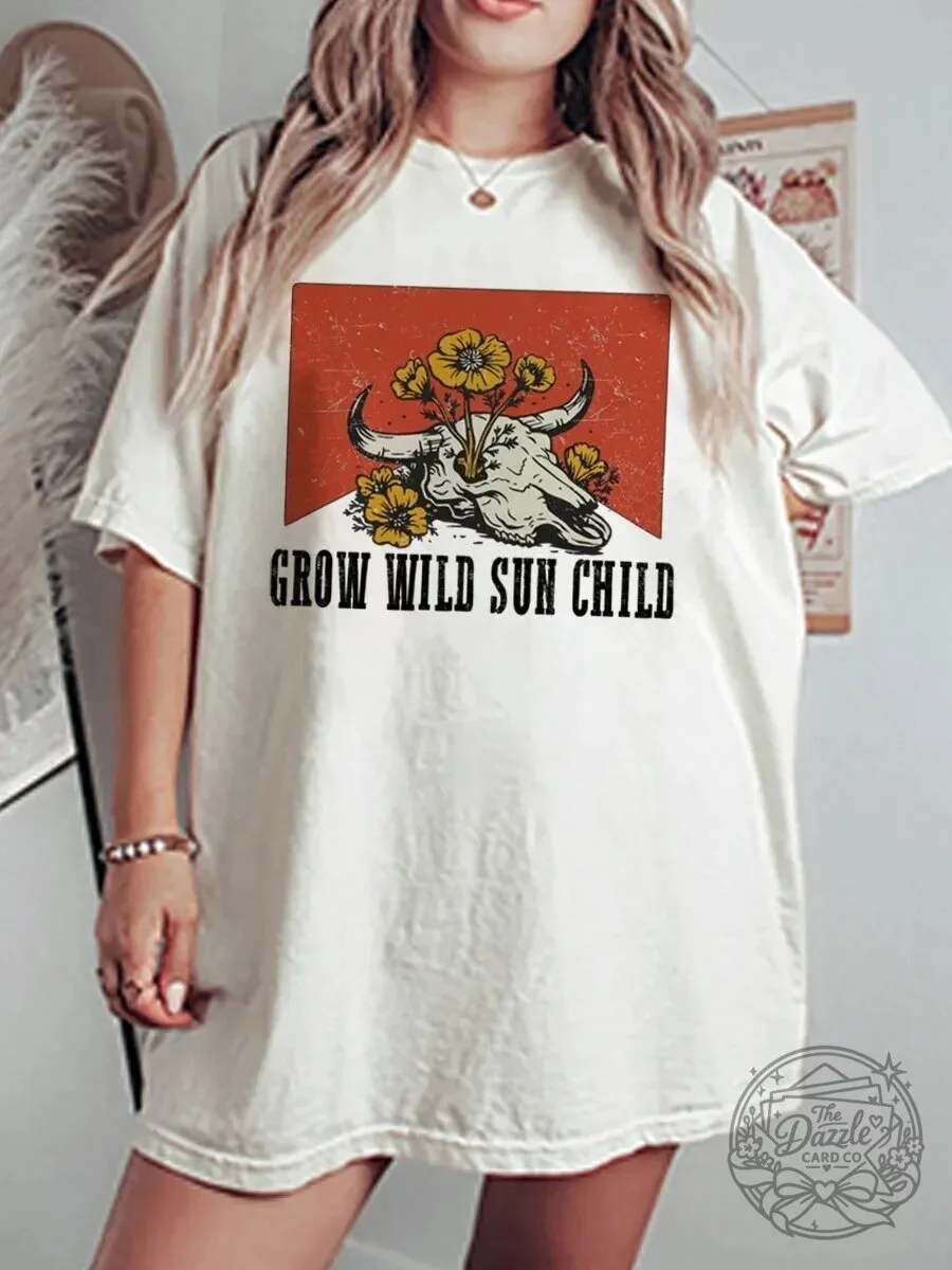 Grow Wild Sun Child Vintage Skull Flowers Graphic T-Shirt