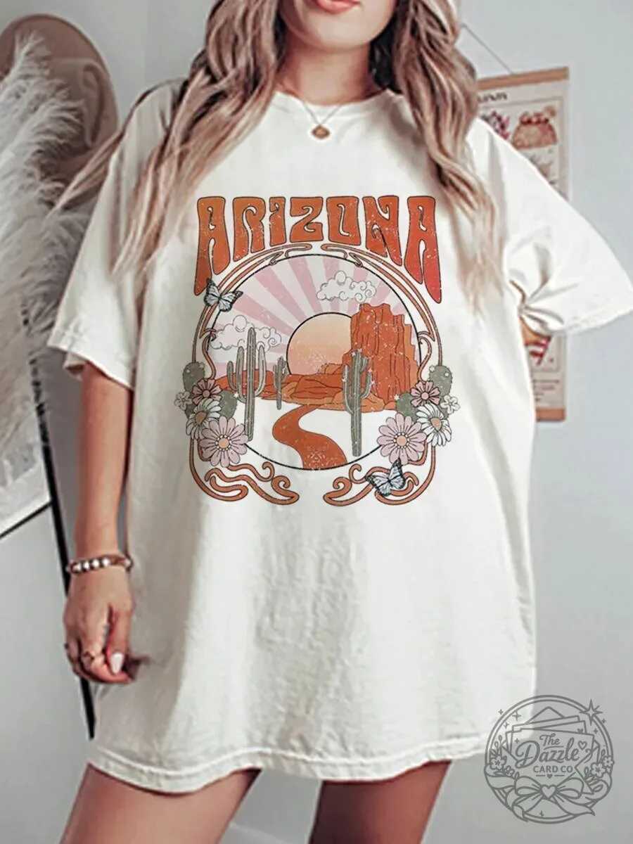 Vintage Arizona Desert Sunset Landscape Graphic Oversized T-Shirt